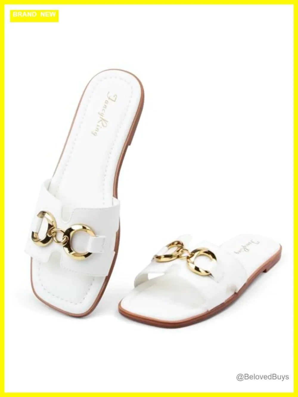 Women's Faux Leather Square Toe Flat Sandals with Metal Chain Slip On Dressy